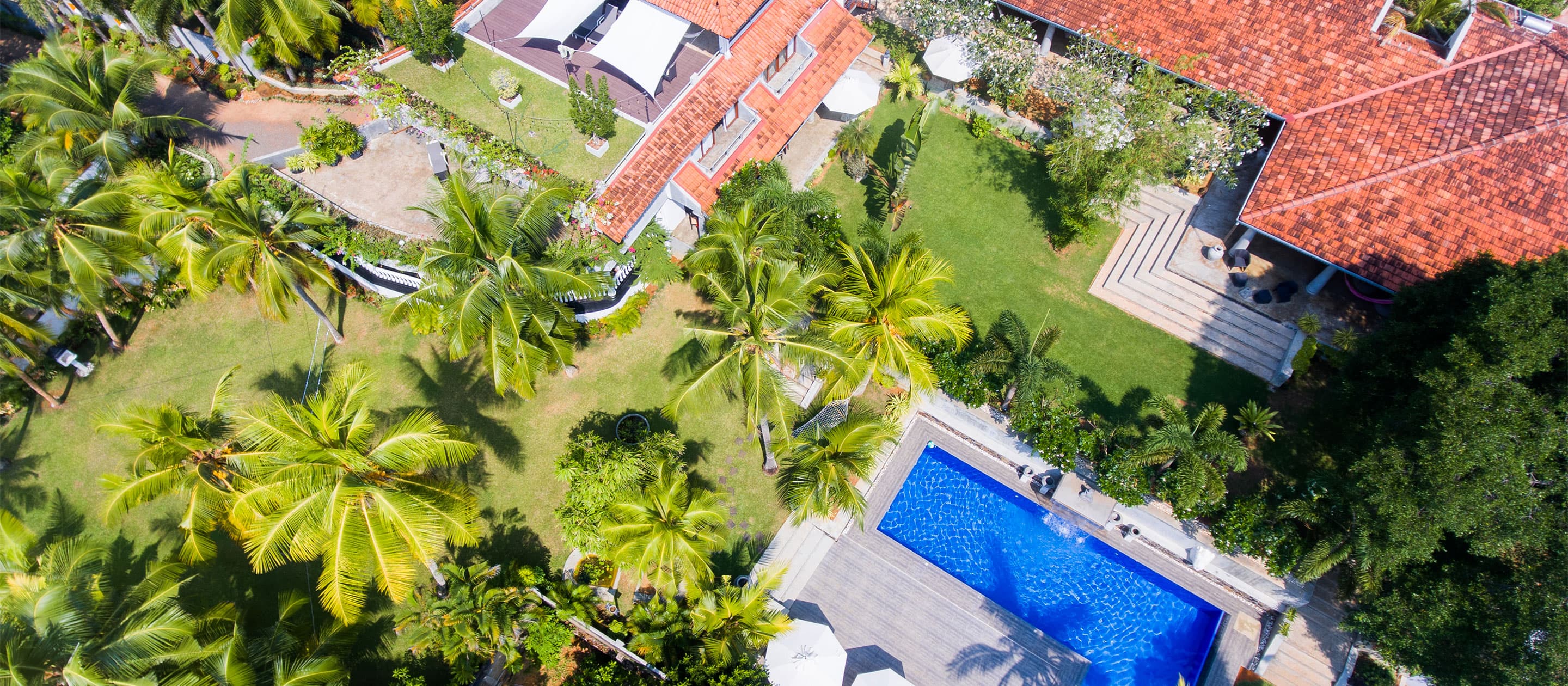 Aerial view of Tropical House Jungleside Villa, Hikkaduwa, Sri Lanka.